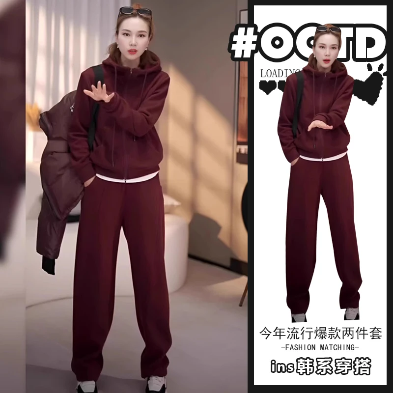 秋冬新款韩版宽松减龄开衫上衣高腰显瘦休闲裤欧式高端大气套装潮