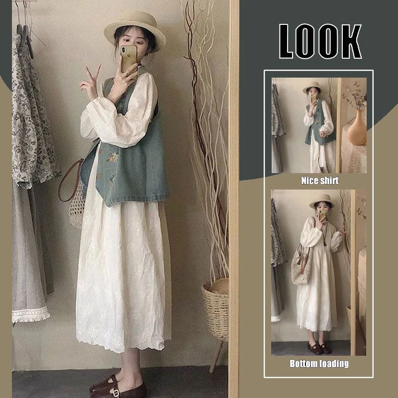 早秋韩系穿搭炸街减龄时尚独特上衣超好看蓝色牛仔马甲连衣裙套装