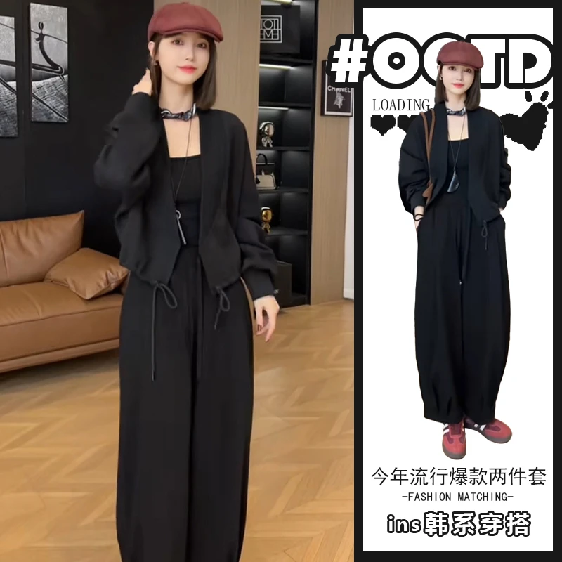 2025春秋时尚ins风穿搭一整套女设计感抽绳外套+潮流哈伦裤两件套