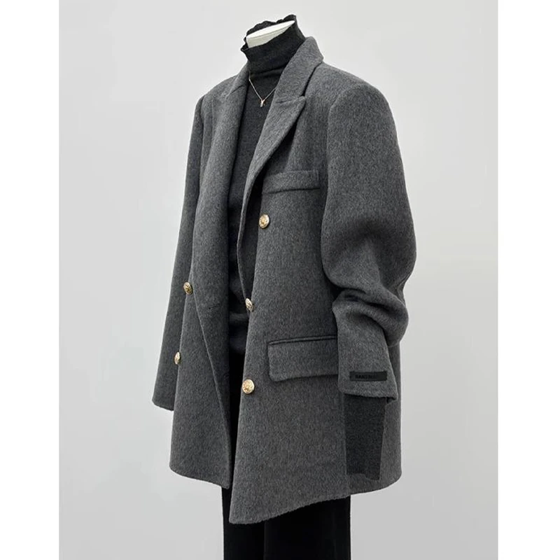 春秋韩系宽松慵懒风毛呢外套2025新款v领双排扣盐系轻熟西装外套