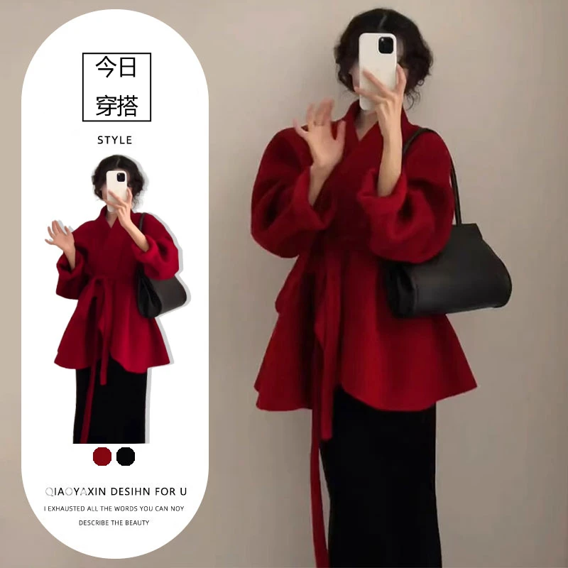 春秋一整套2025新款时尚韩版高级感宽松红色外套百搭半身裙两件套