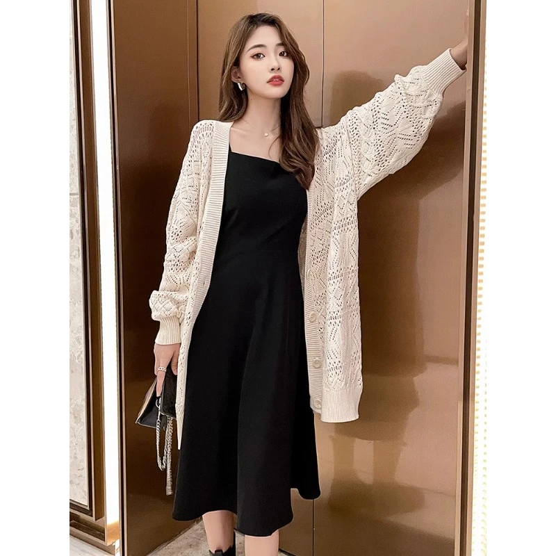 镂空针织衫披肩外搭女2024春秋季宽松中长款毛衣开衫外套裙子套装