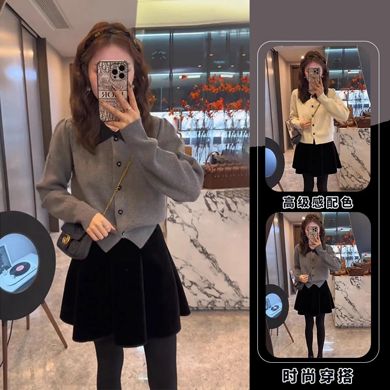 一整套ootd穿搭2025春秋韩系减龄小香风毛衣开衫丝绒半身裙两件套