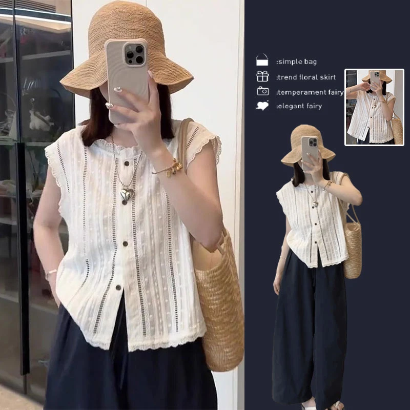 法式蕾丝镂空无袖衬衫休闲阔腿裤套装夏季新款显瘦百搭高级感套装