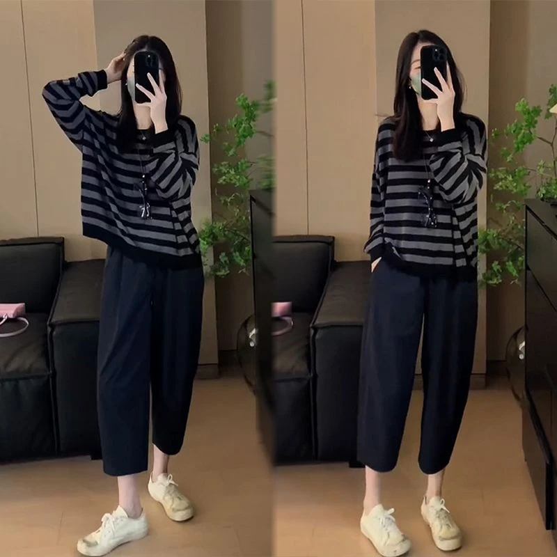 早秋搭配一整套慵懒风宽松时尚条纹长袖T恤女显瘦九分休闲裤套装