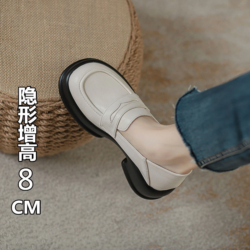 内真皮小皮鞋女厚底单鞋学院休闲百搭小个子一脚蹬高跟乐福鞋