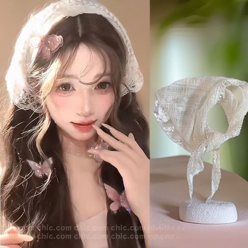 白色蕾丝发箍头巾一体薄款三角巾包头方巾帽田园风网红外出发饰女