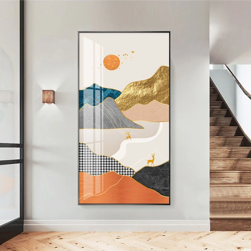 山水玄关装饰画轻奢走廊过道挂画背景墙竖版入户现代简约壁画麋鹿