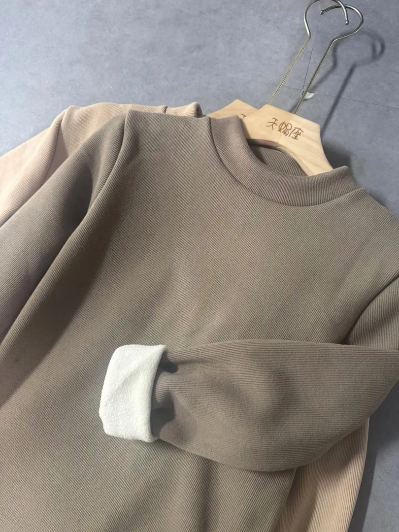 纹理打底衫长袖洋气百搭女士秋冬针织加绒加厚纯色保暖冬季