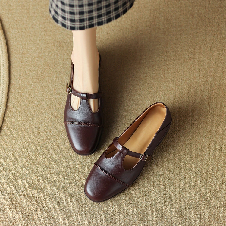 【古老板】丁字带 法式复古浅口单鞋秋季平跟纯色