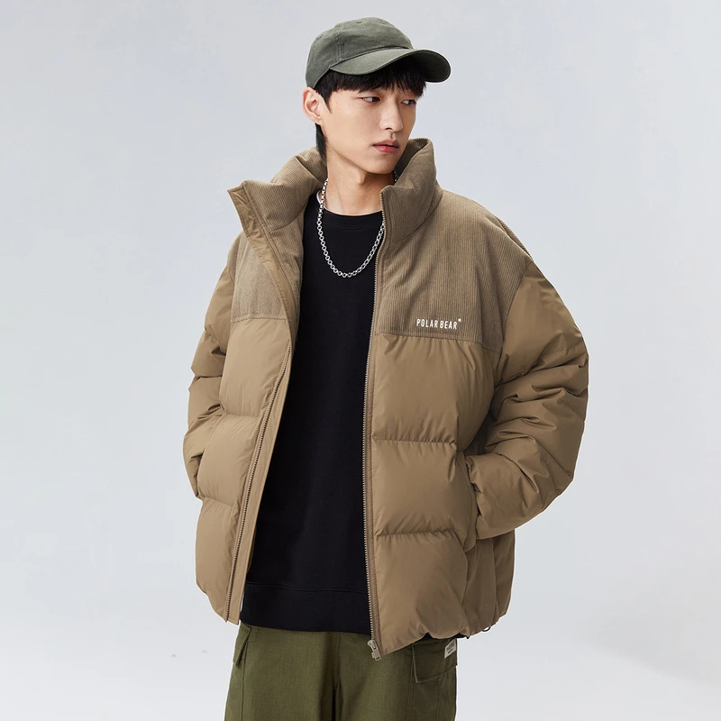 新款男羽绒服冬季加厚白鸭绒保暖外套美式拼接无帽立领面包服夹克