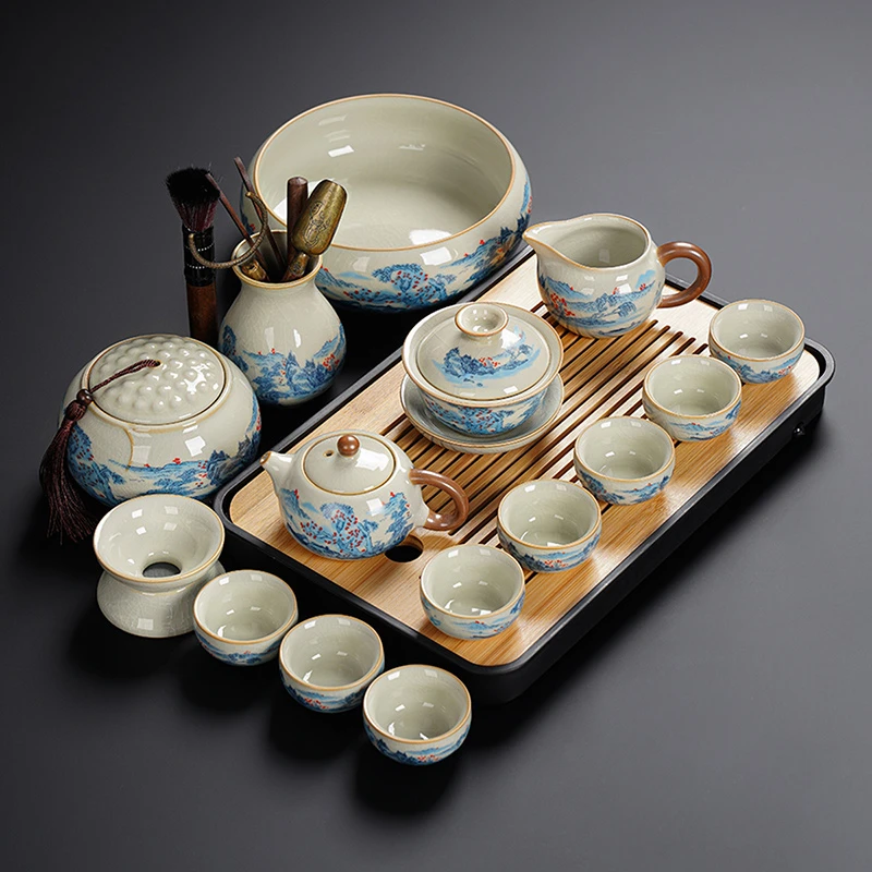 新款米黄汝窑功夫茶具套装家用轻奢高档中式汝瓷泡茶壶喝茶杯茶盘