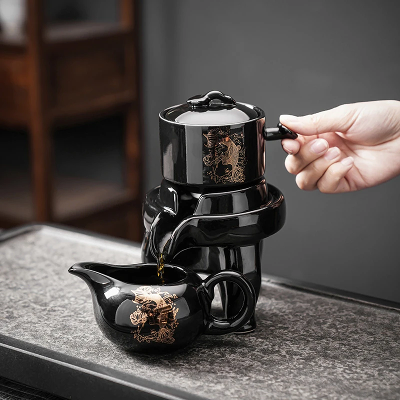 初伍黑釉陶瓷自动泡茶器家用公道杯防烫茶壶旋转出水功夫茶具配件