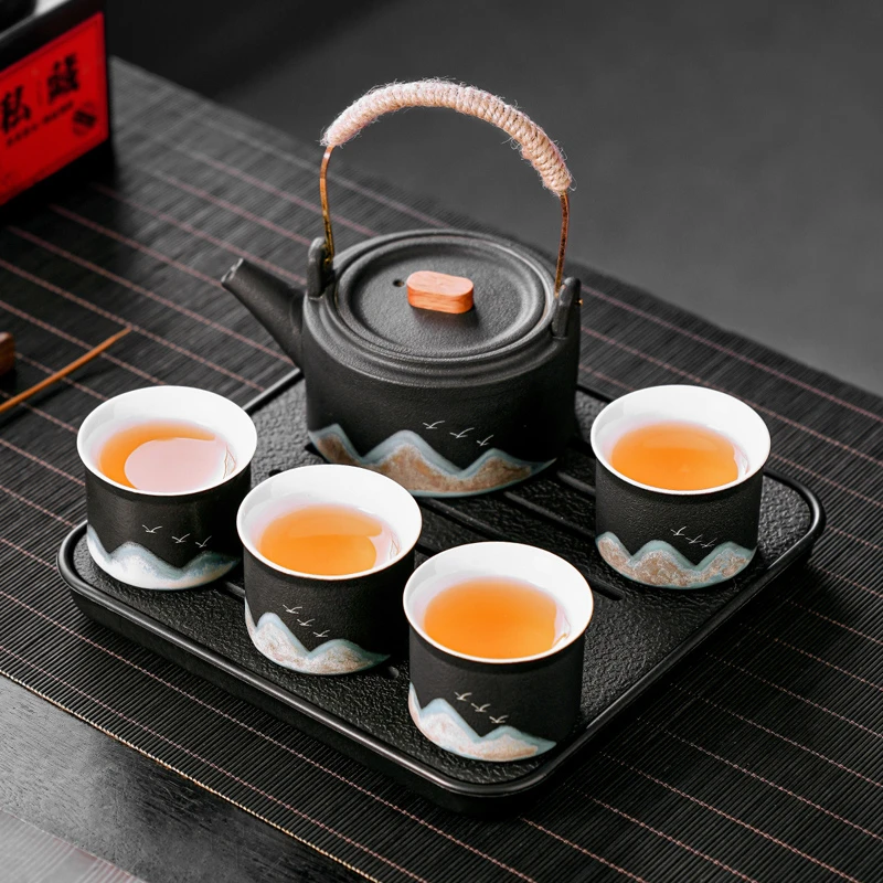 新款远山粗陶功夫茶具套装酒店宿舍防烫提梁壶茶杯茶盘伴手礼盒装