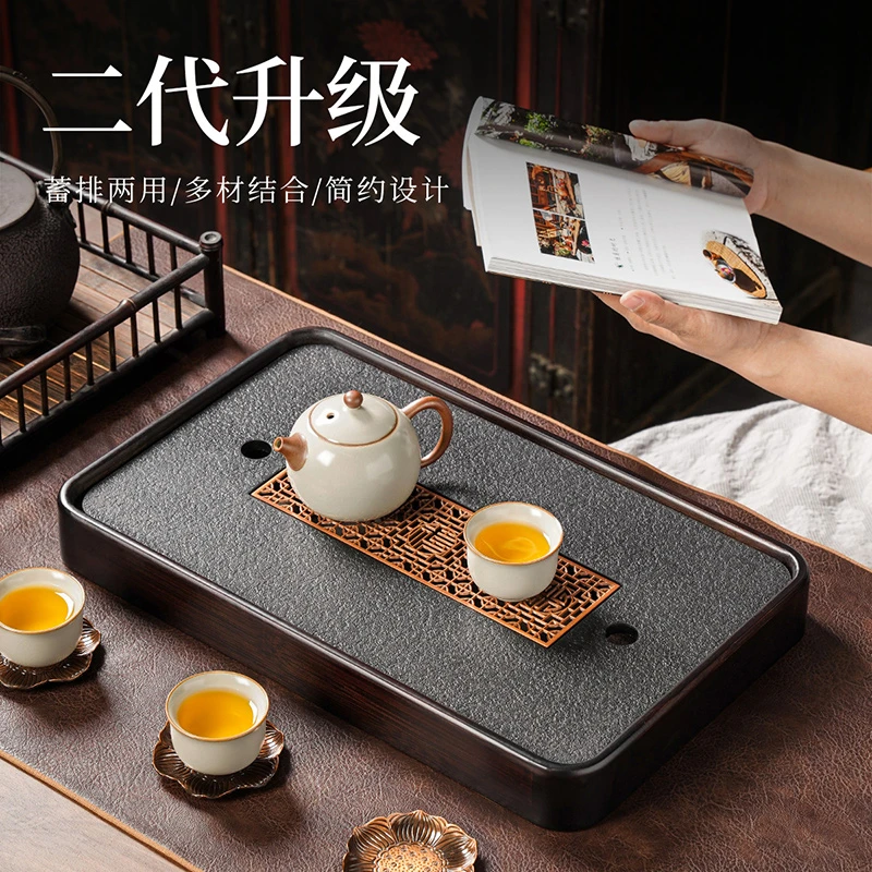 茶盘家用高档小型仿乌金石干泡盘功夫新中式茶台沥储水式茶托盘