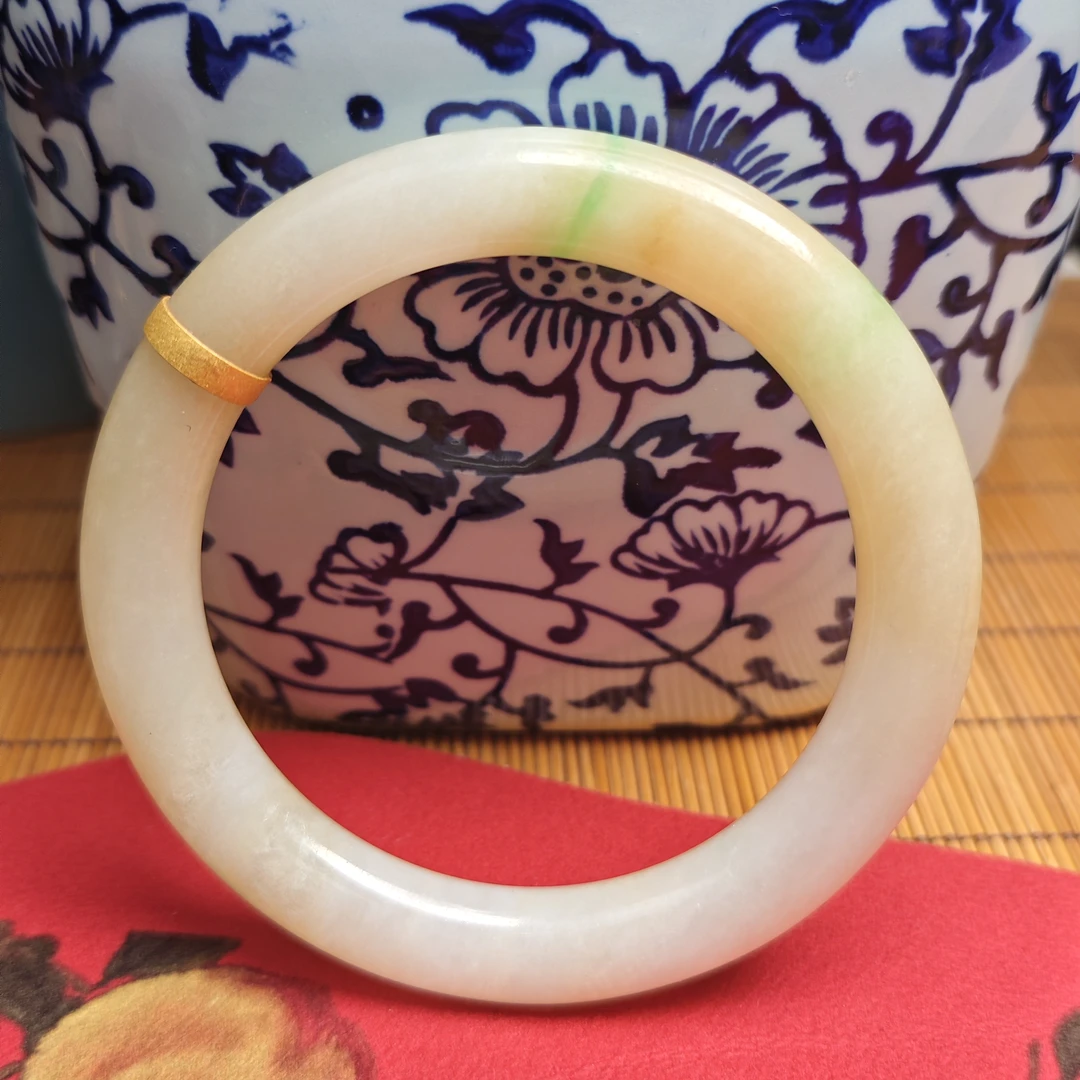 盛夏家｜翡翠白底青国风大圈口手镯18k｜圈口59-60