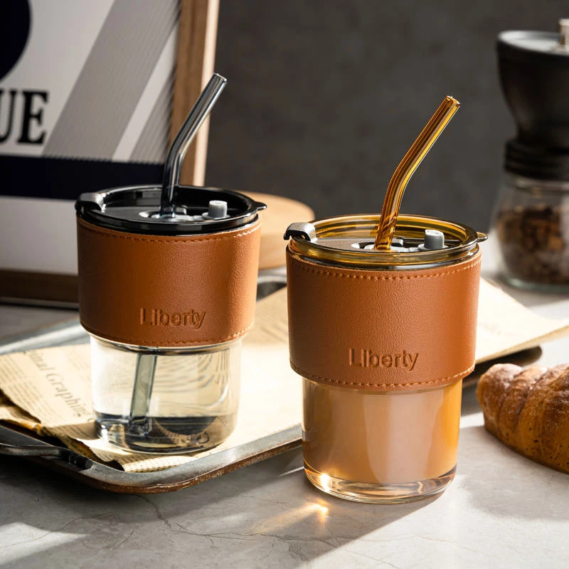 网红竹节杯吸管式玻璃杯高颜值大容量家用日常双饮水杯咖啡杯简约