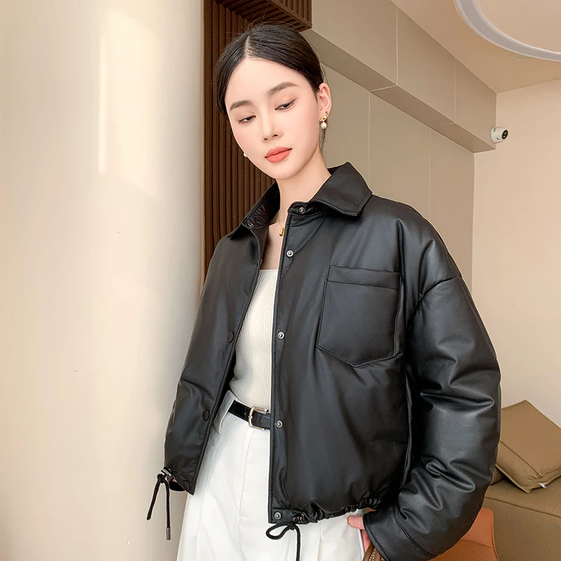 真皮鹅绒服女2024冬季新款绵羊皮皮衣女短款外套廓形宽松百搭时尚