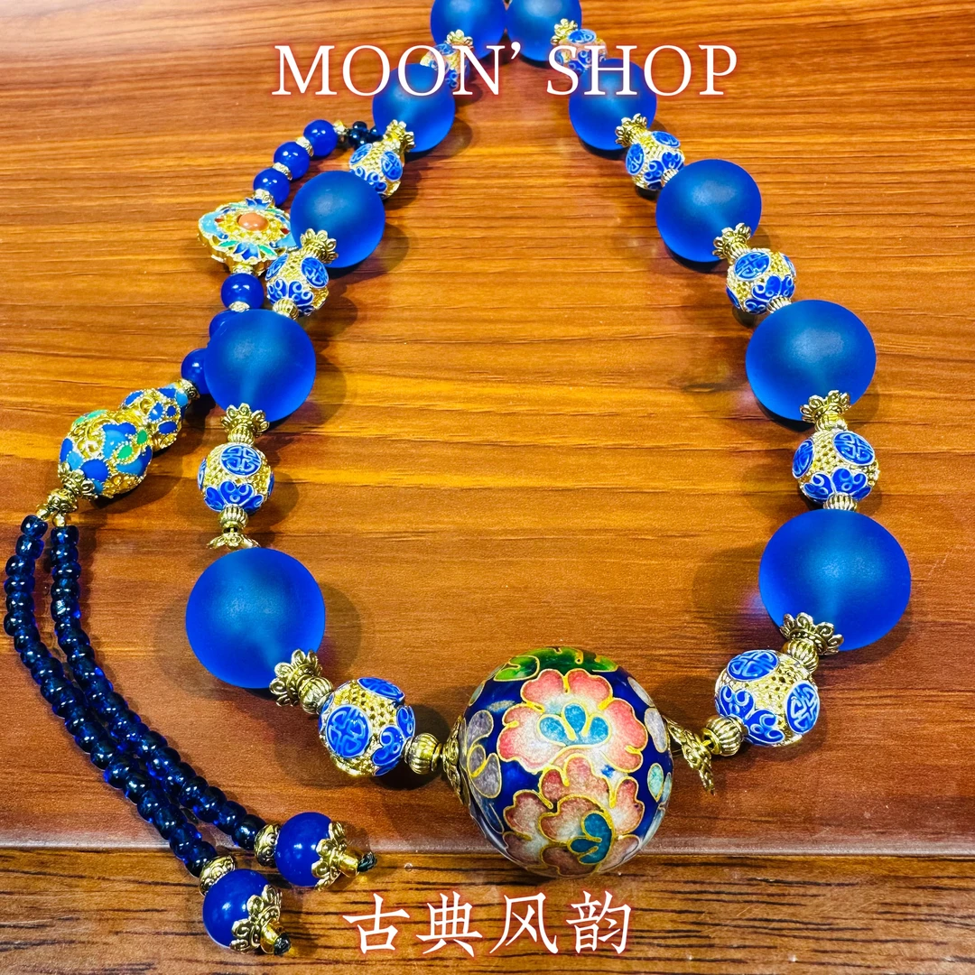 铜合金项链 Moonvintage首饰【牡丹花图案蓝色项链】