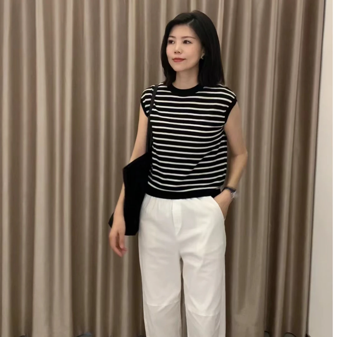 JY24夏季春游新时尚经典条纹百搭透气休闲圆领显瘦毛针织上衣