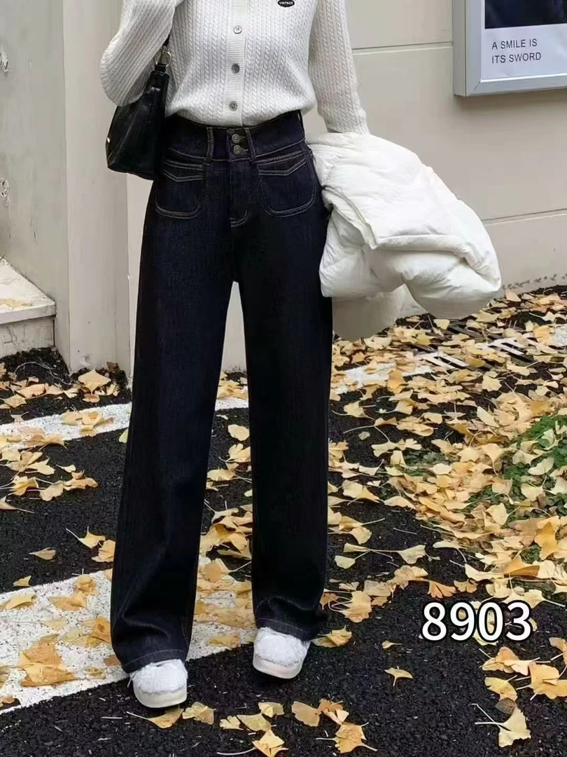 新冬款女 新款加绒无弹深蓝色阔腿裤8903