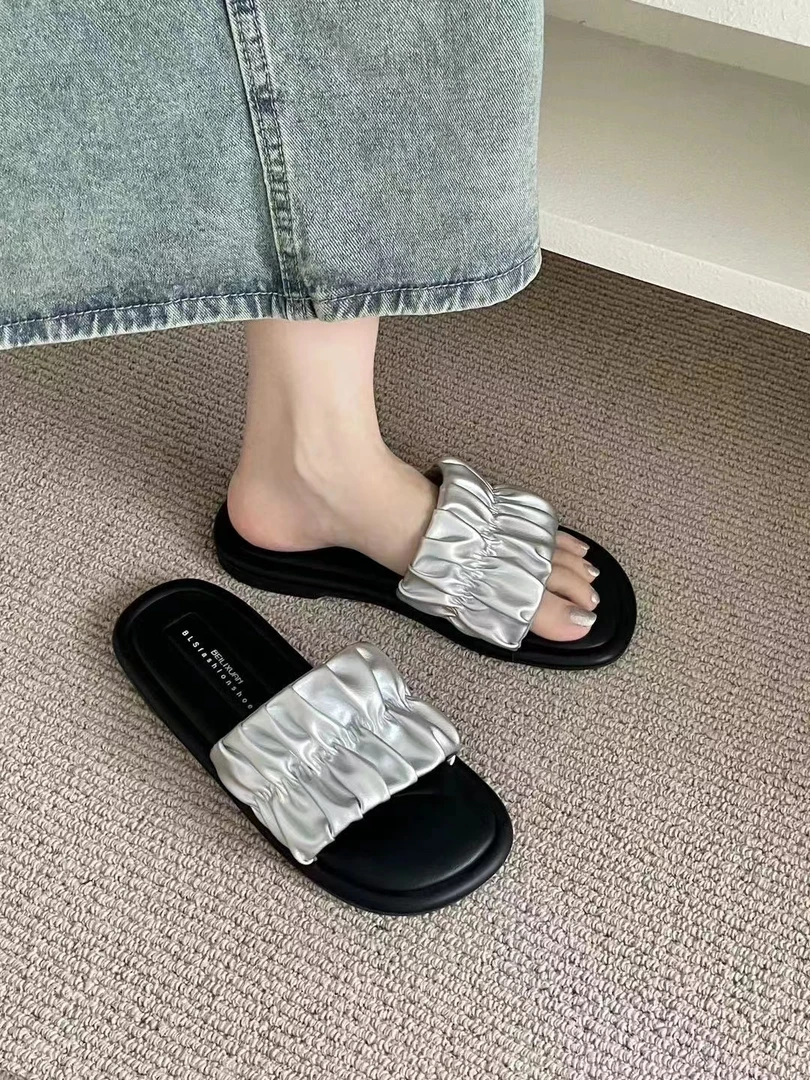 新款简约褶皱一字拖平底外穿女拖鞋136
