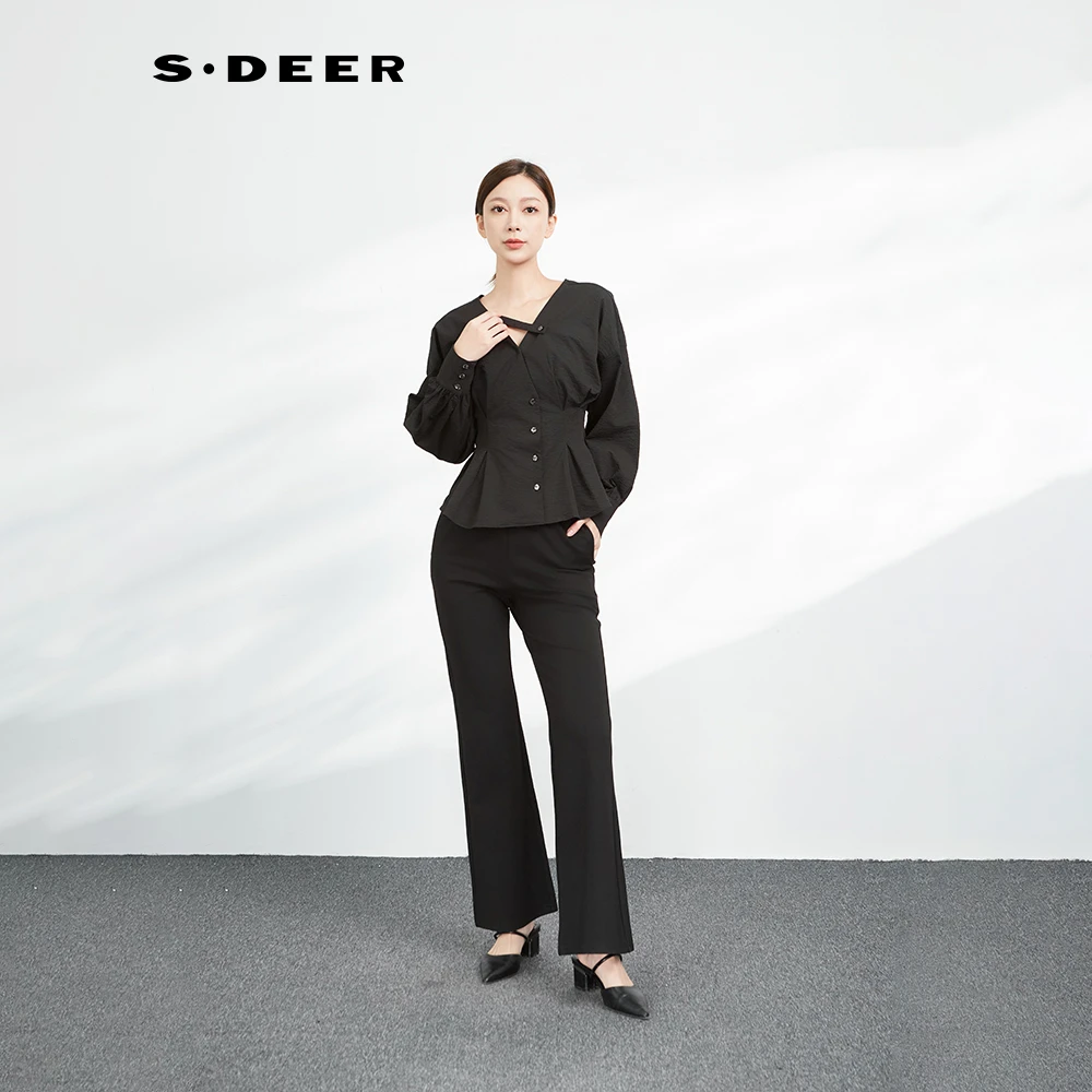 S·DEER圣迪奥纯色简约时尚休闲百搭气质设计感女装衬衫S233Z0527