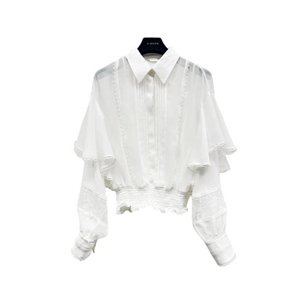 S·DEER圣迪奥通勤女装荷叶边时尚气质百搭休闲白色衬衫S233Z0557