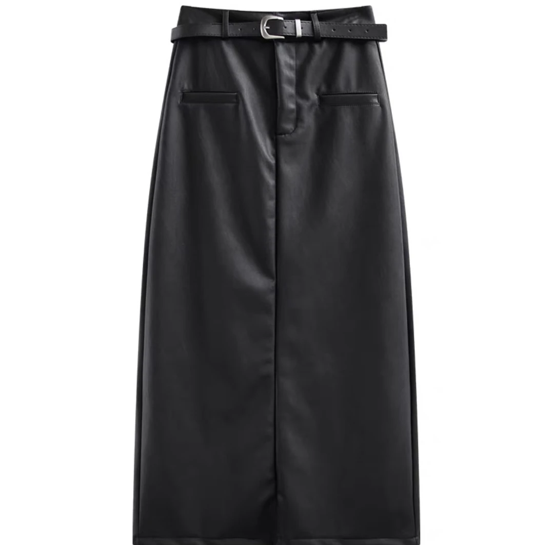 高腰pu皮开叉半身裙秋冬装新款中长款显瘦包臀a字裙子