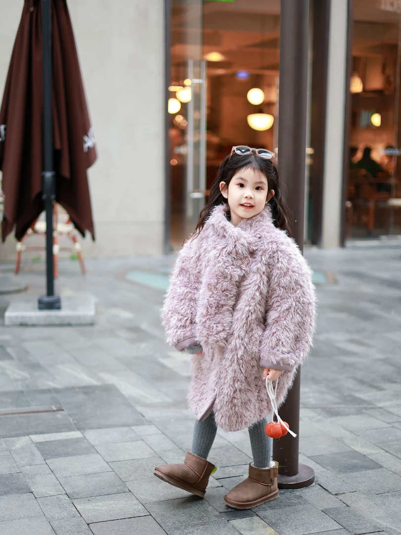 现货【BA-325】冬季女童新款【巴黎秀场】紫罗兰朵绒皮毛一体外套