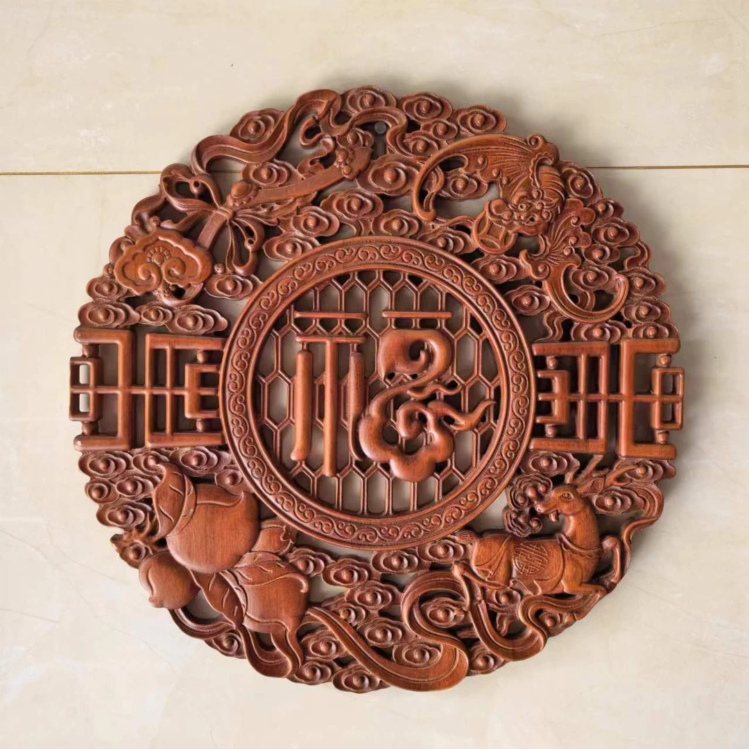 【福禄寿喜】48大号木雕挂画 中式香樟木东阳木雕客厅挂件