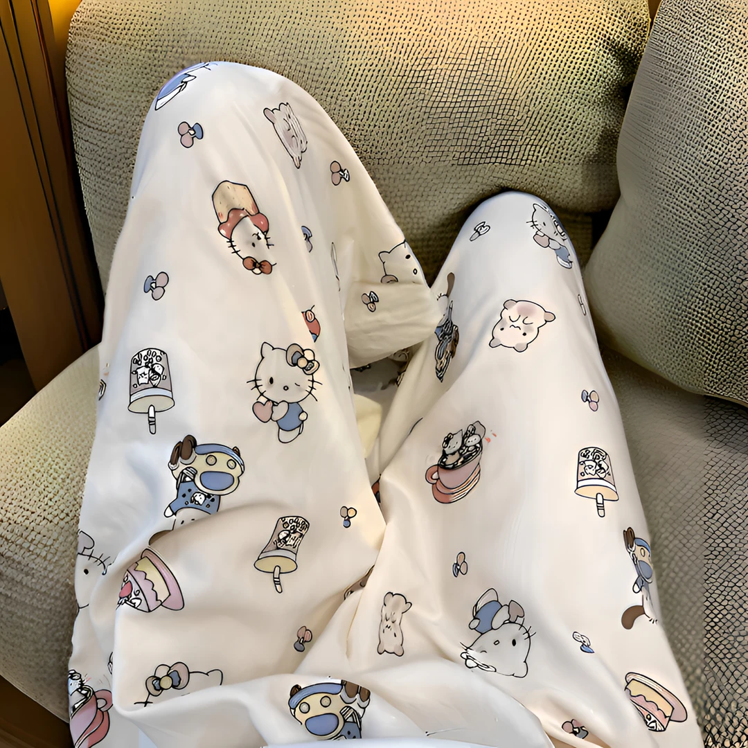 睡裤女宽松休闲直筒懒人裤春秋夏季薄款居家长裤可外穿遛弯裤印花