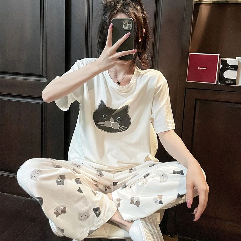 日系薄款睡衣女夏季可爱兔子猫咪大码棉柔软短袖长裤家居服套装