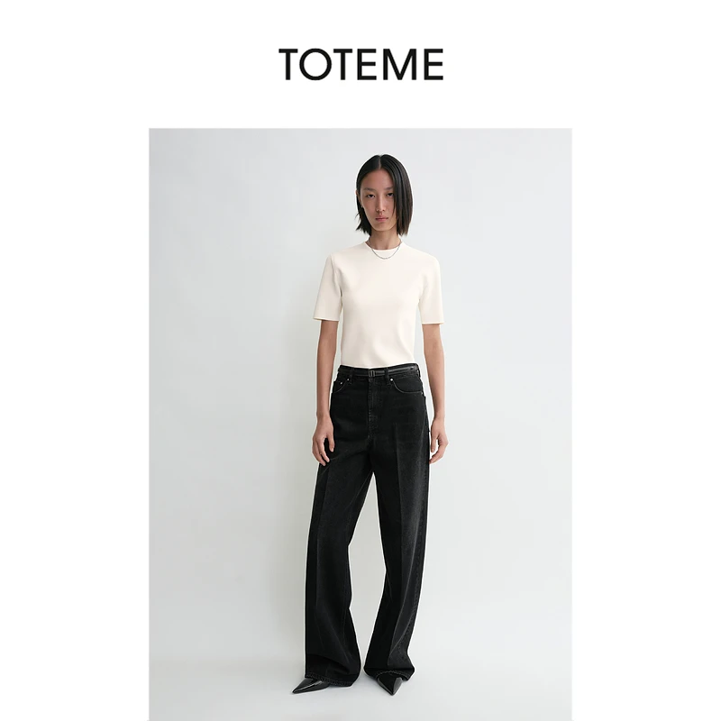 TOTEME女装黑色做旧压褶高腰阔腿牛仔裤