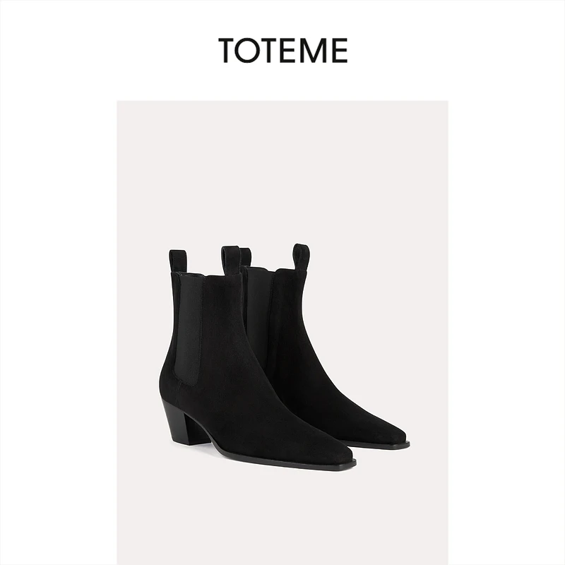 TOTEME女鞋黑色绵羊皮方形尖头中跟牛仔靴