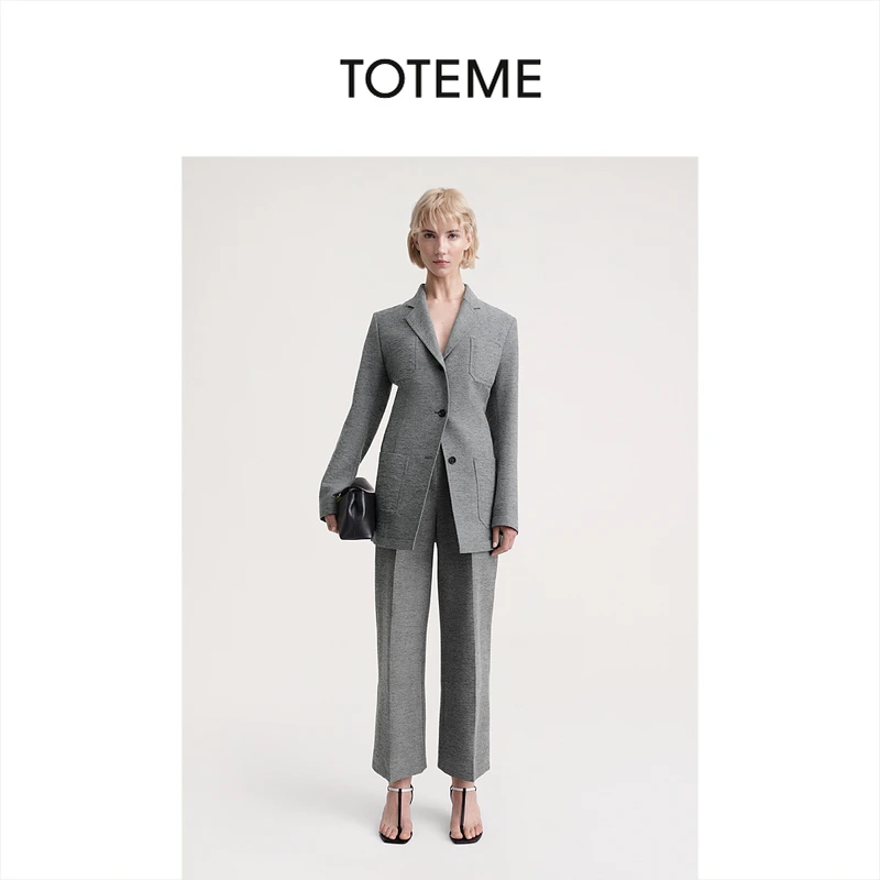 TOTEME女装麻灰色修身平驳领单排扣西装外套