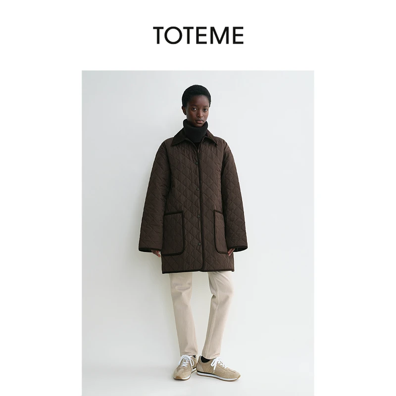 TOTEME女装浓咖啡色菱格纹理绗缝谷仓夹克外套