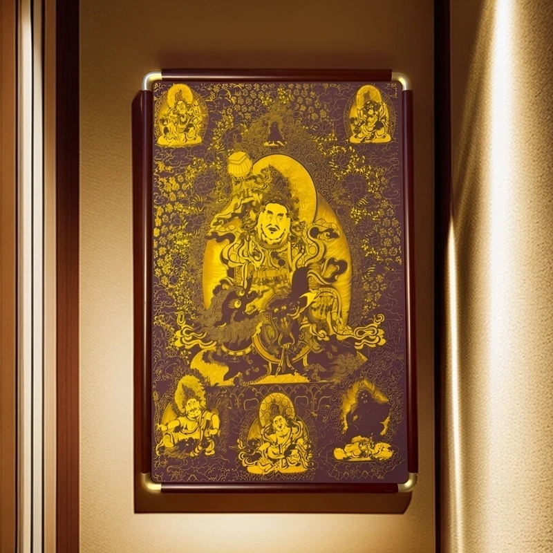 财宝天王中式手工朱砂版画书房茶室玄关客厅黄檀实木精美装饰画