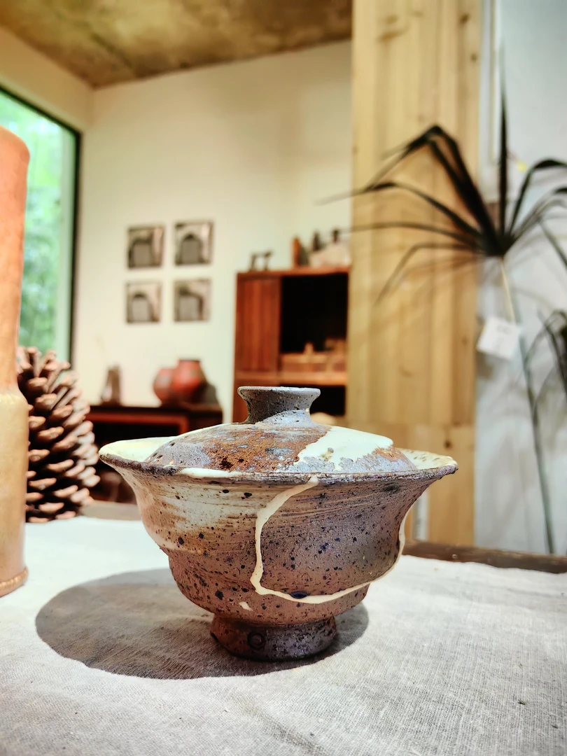 全手工无釉柴烧盖碗粗陶手拉陶瓷柴窑日式复古