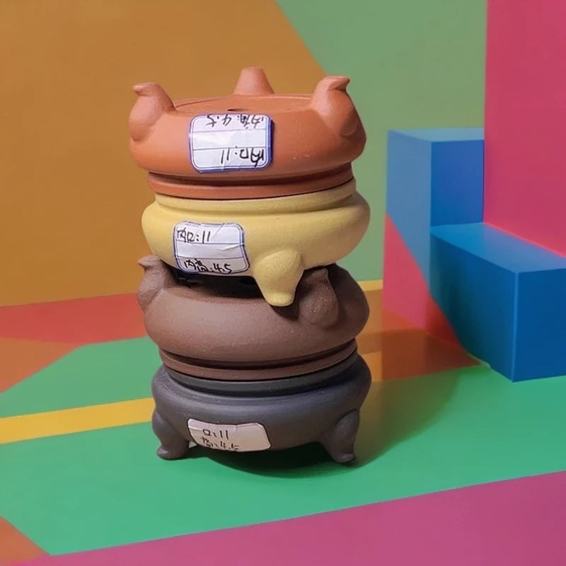 紫砂花盆三足小号香炉。4个颜色。任意搭配。