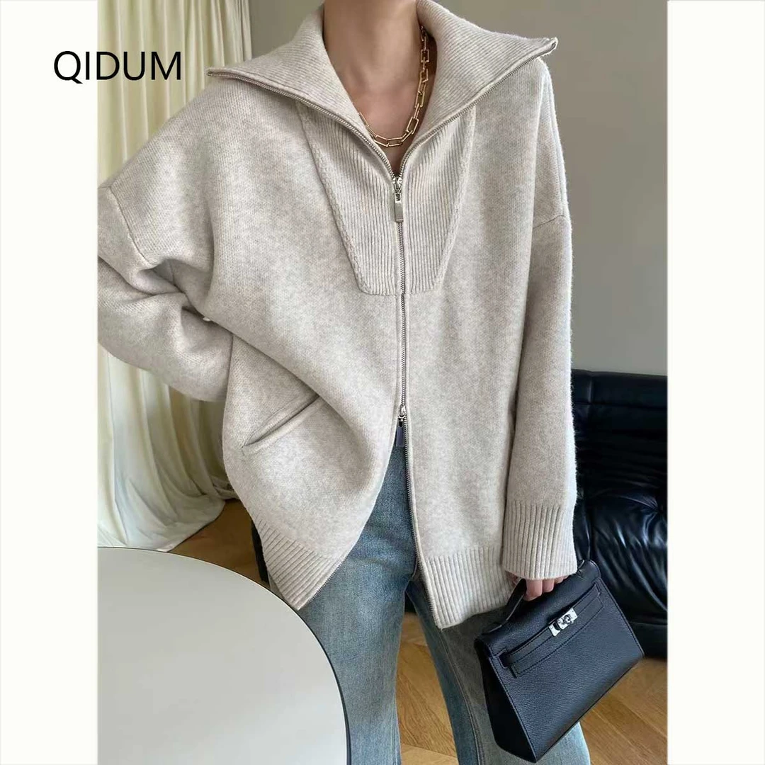 155秋冬加厚长袖针织开衫双拉链加厚翻领百搭时尚显瘦外套上衣女