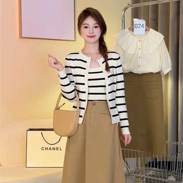【191-214】2024春季新款条纹圆领两件套针织开衫+中长款半身裙套装