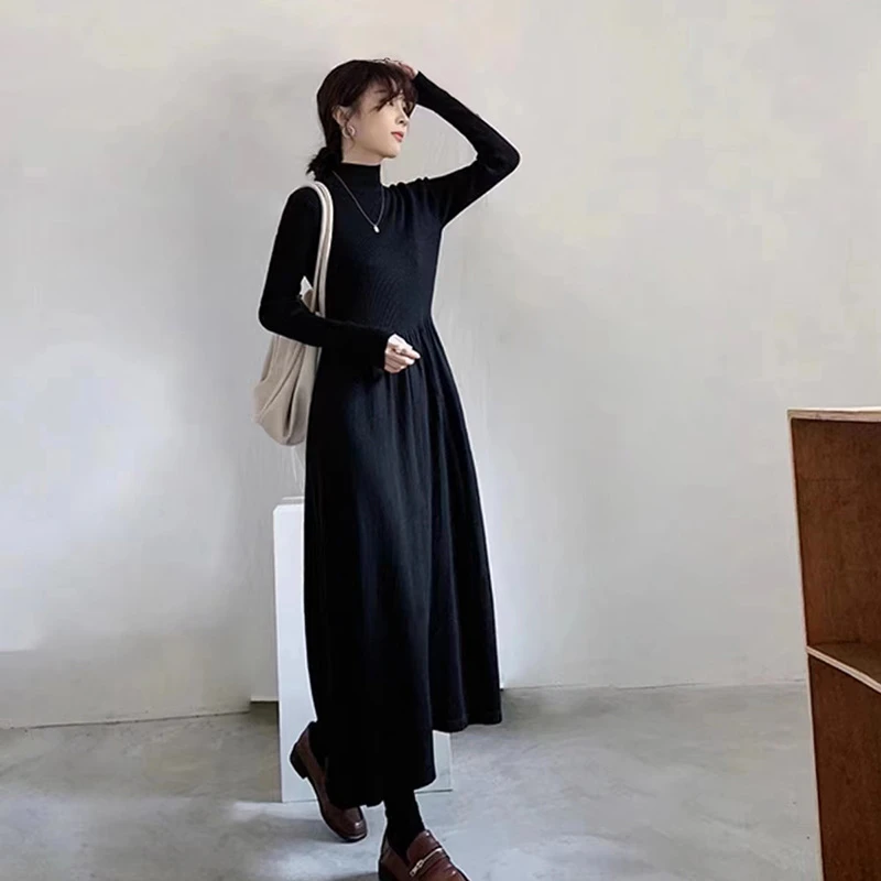 【502】新款2025打底时尚毛衣宽松连衣裙春秋冬气质显瘦黑色长裙潮