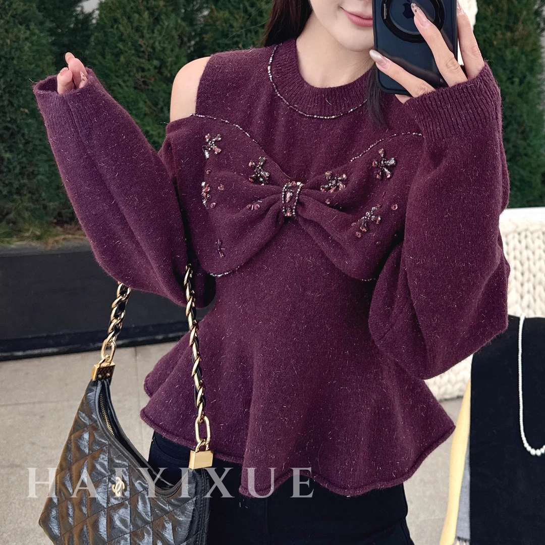 【海哥】轻奢时尚手缝钻裙摆针织上衣