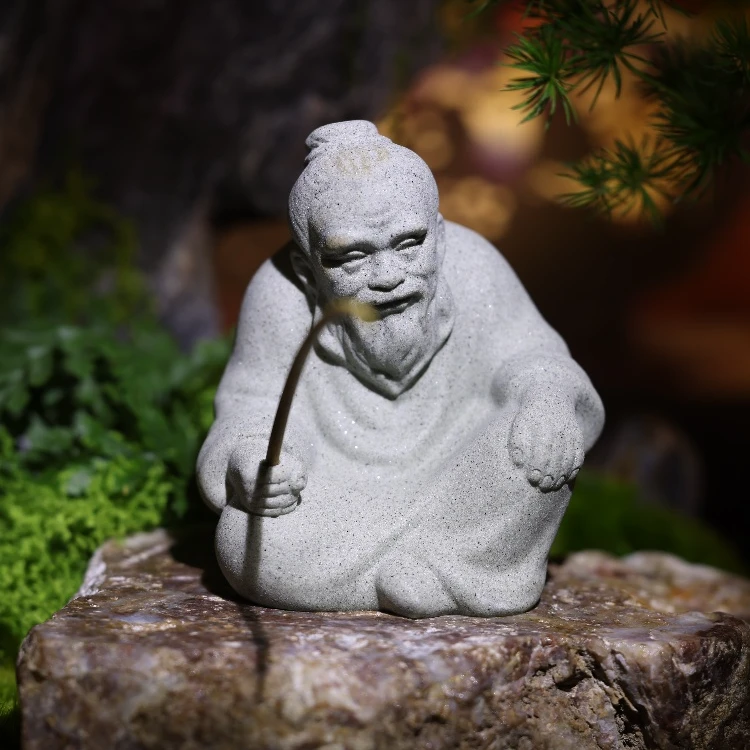 新中式复古风格青砂石钓鱼老者茶桌鱼缸室内假山客厅庭院摆件
