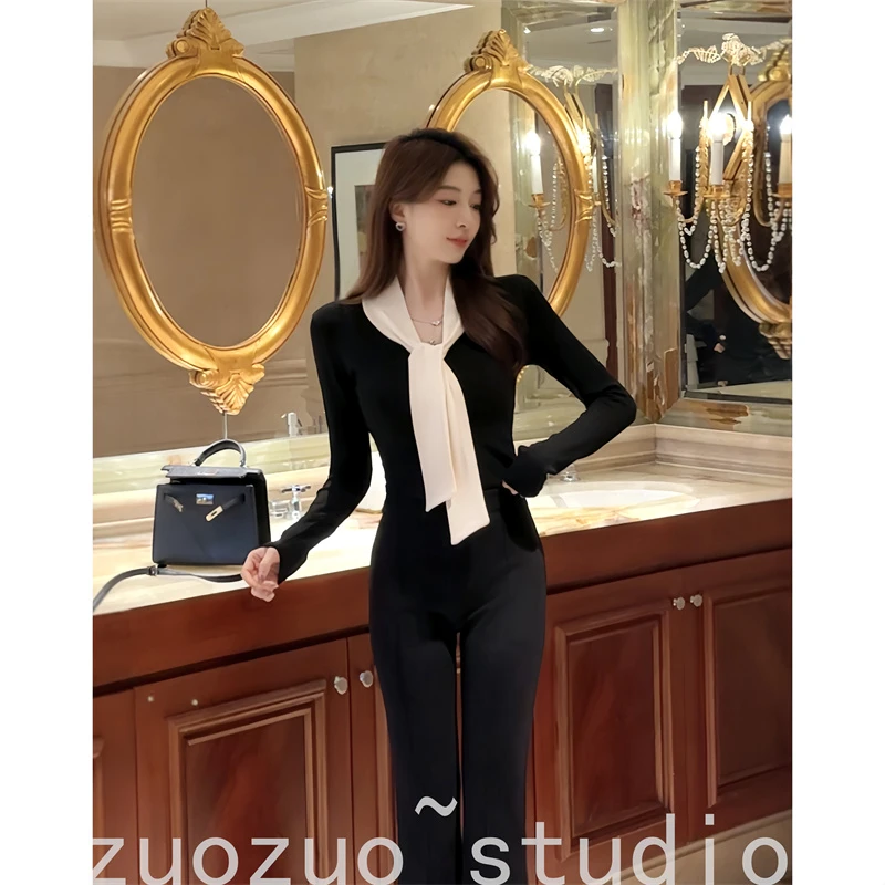 【云朵好甜】秋冬新款法式气质拼接绑带设计感显瘦长袖内搭气质上衣