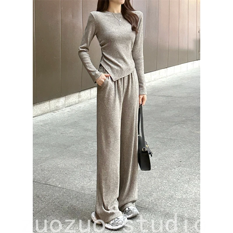 【木槿昔年】新款女秋冬韩系褶皱不规则圆领上衣高腰直筒裤两件套