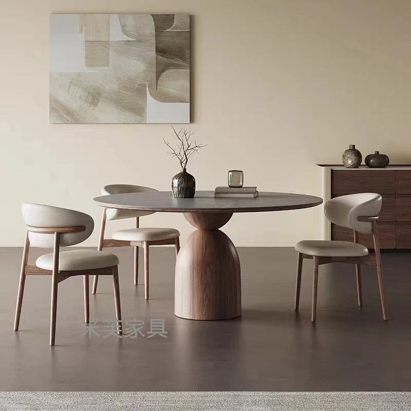 轻奢简约实木北欧创意圆桌意式饭桌子家用岩板圆形白蜡木