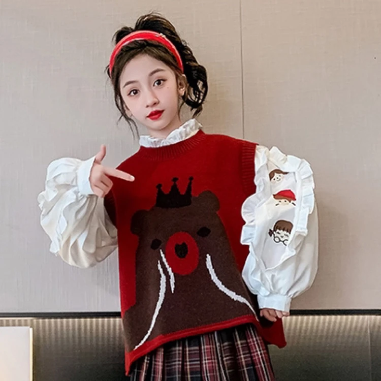 女童马甲衬衫套装2024春款6-12岁15岁中大儿童洋气大袖子套装针织