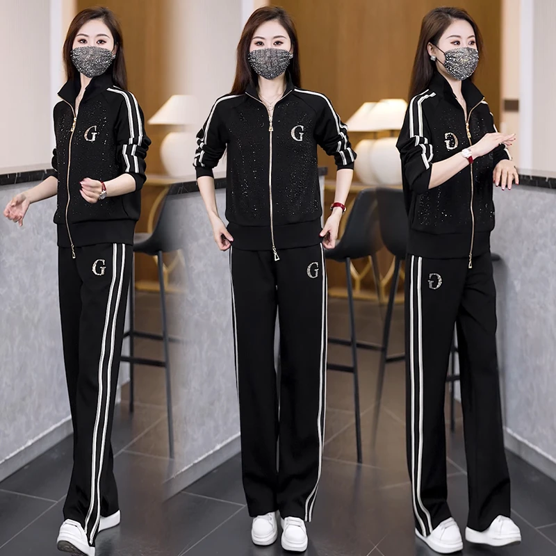 大码女士2025春季新款运动休闲时尚宽松字母显瘦上衣长裤两件套潮